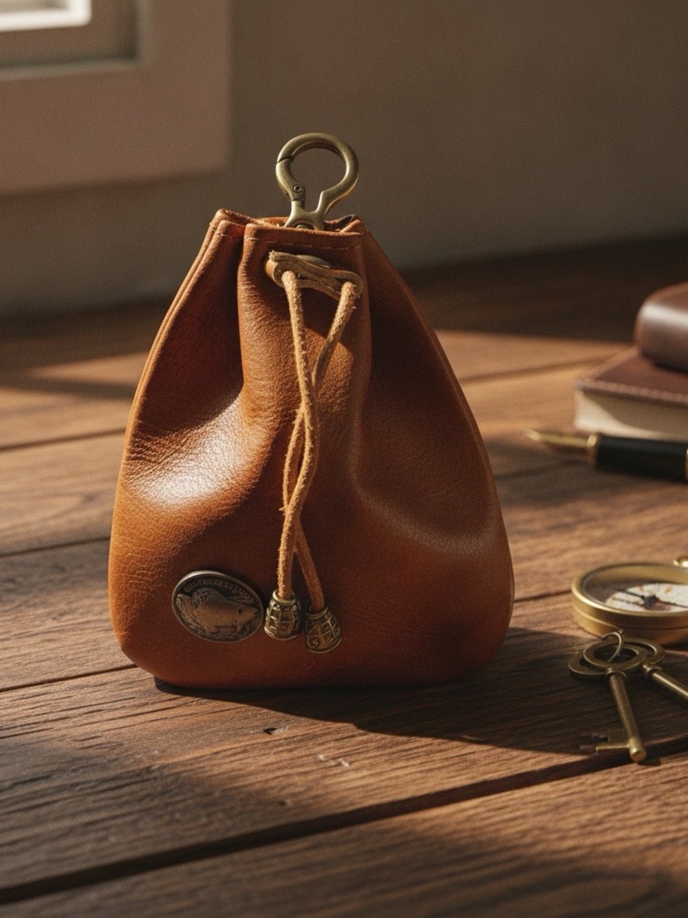 Handmade Leather Coin/Pouch Small Buffalo Nickel Accent Drawstring Swivel Hook
